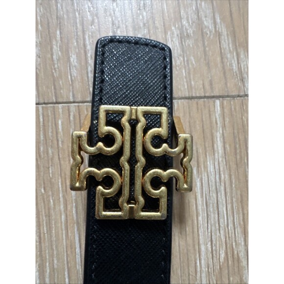 Tory Burch Size M Reversible Black Tan Saffiano Leather Belt Black Logo Buckle - Picture 11 of 14